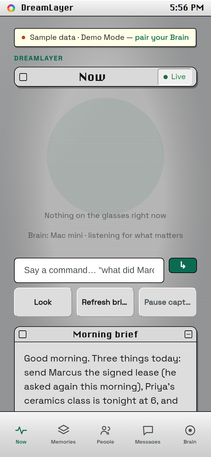 The DreamLayer phone app — the Now dashboard, in the Platinum design